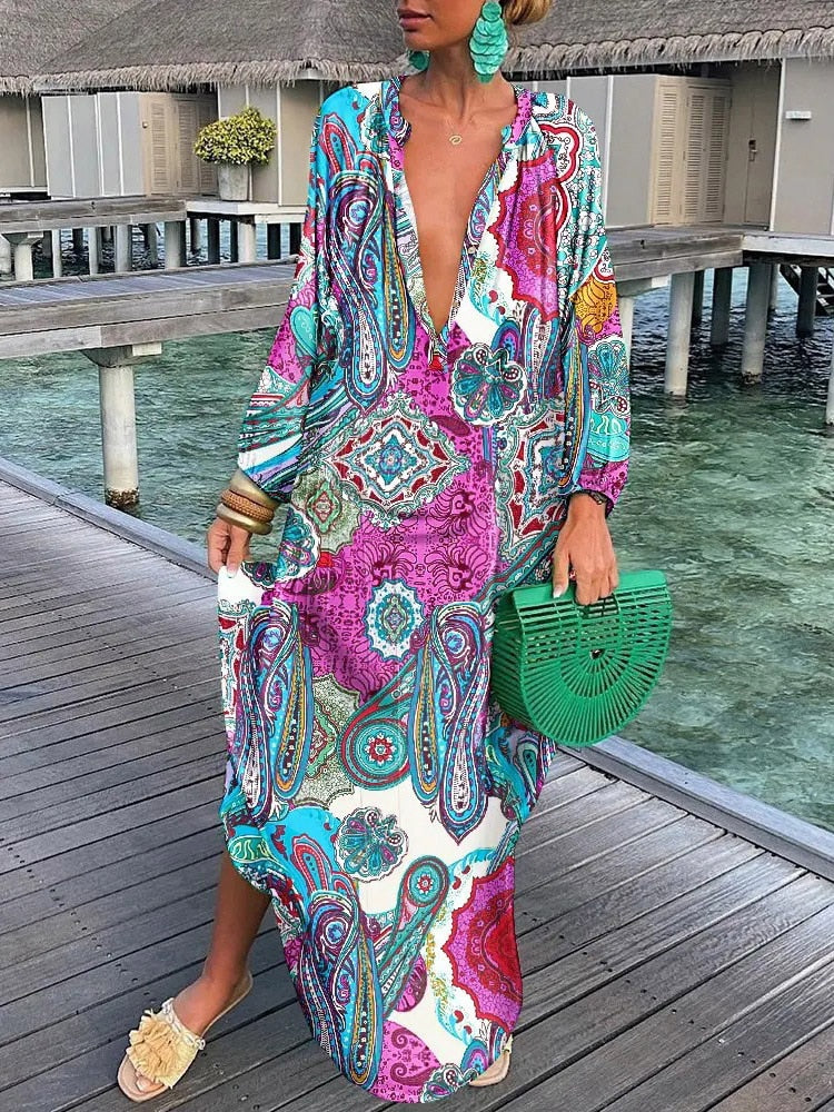 Summer Deep V-Neck Long Sleeve Long Dresses