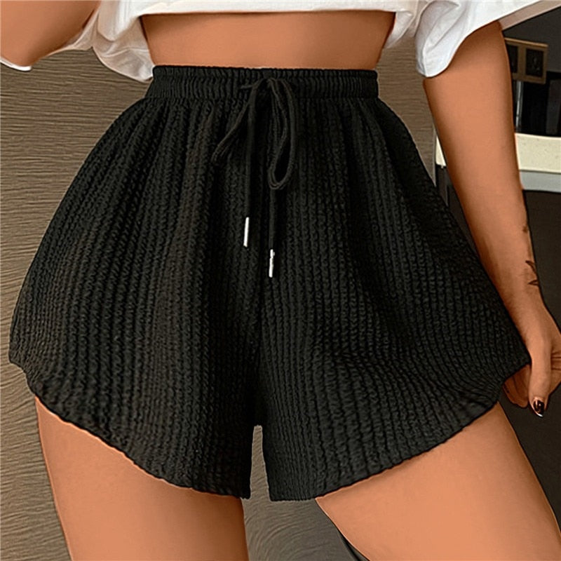 High Elastic Lace Up Drawstring Wide Leg Sweat Short