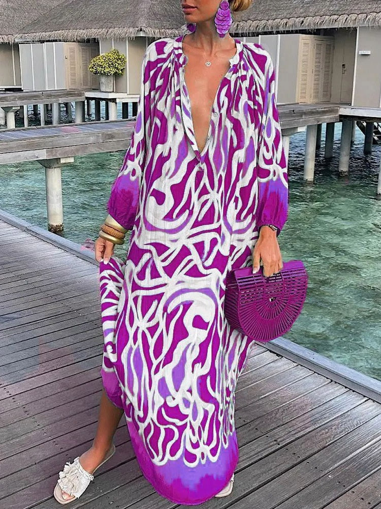 Summer Deep V-Neck Long Sleeve Long Dresses