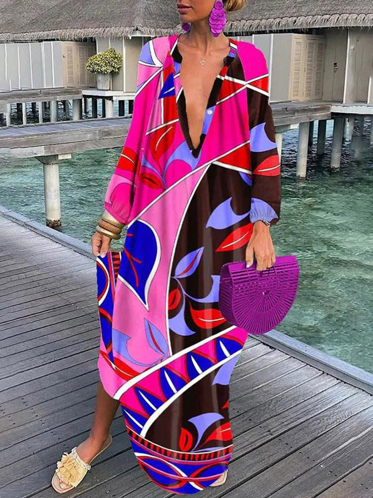 Summer Deep V-Neck Long Sleeve Long Dresses