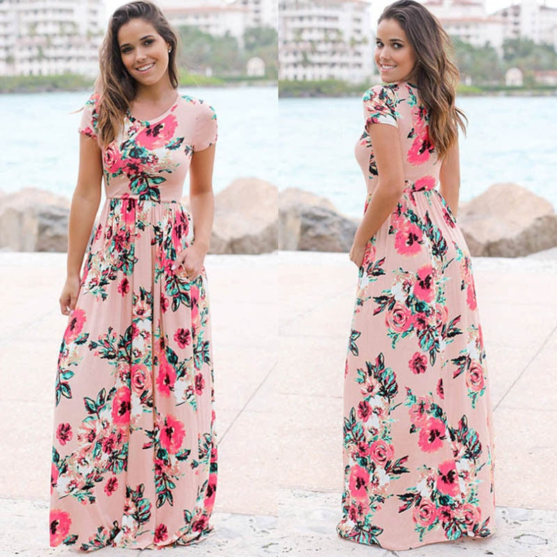 Women 2022 Pink Floral Print Boho Beach Dress