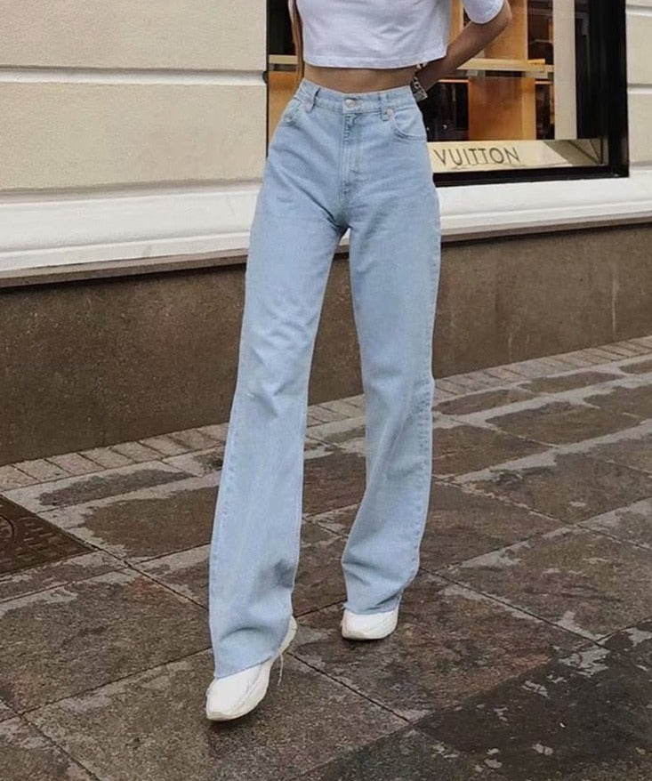 Women High Waist Streetwear Light Blue Pants