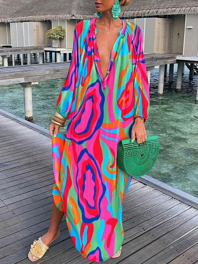 Summer Deep V-Neck Long Sleeve Long Dresses