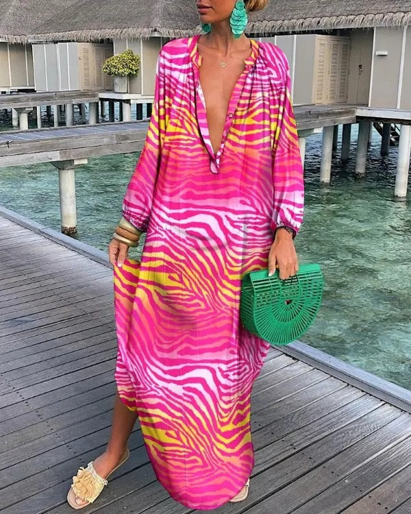 Summer Deep V-Neck Long Sleeve Long Dresses