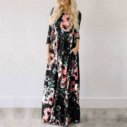 Women 2022 Pink Floral Print Boho Beach Dress