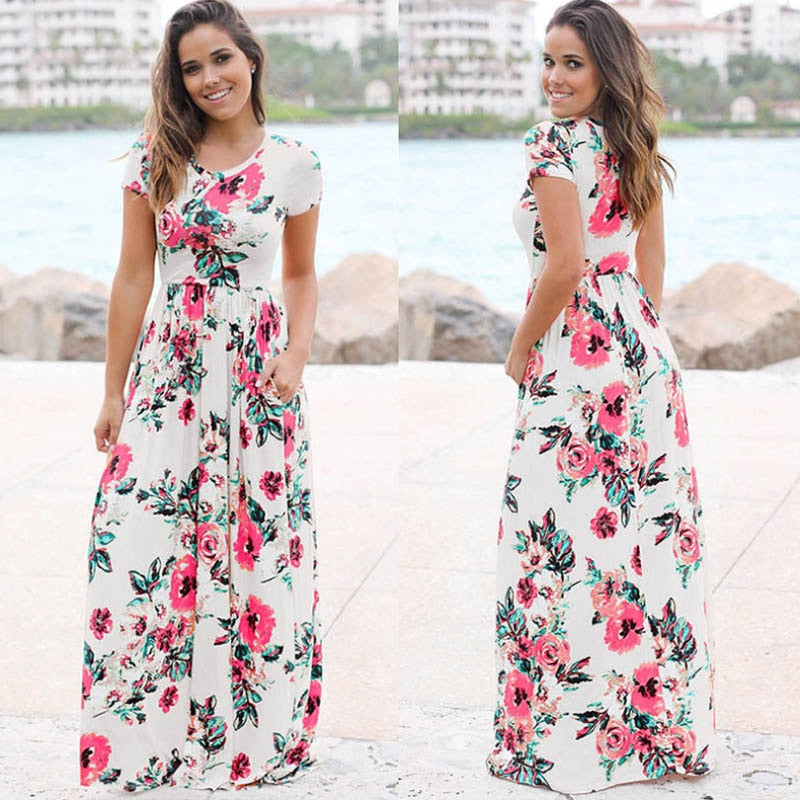 Women 2022 Pink Floral Print Boho Beach Dress