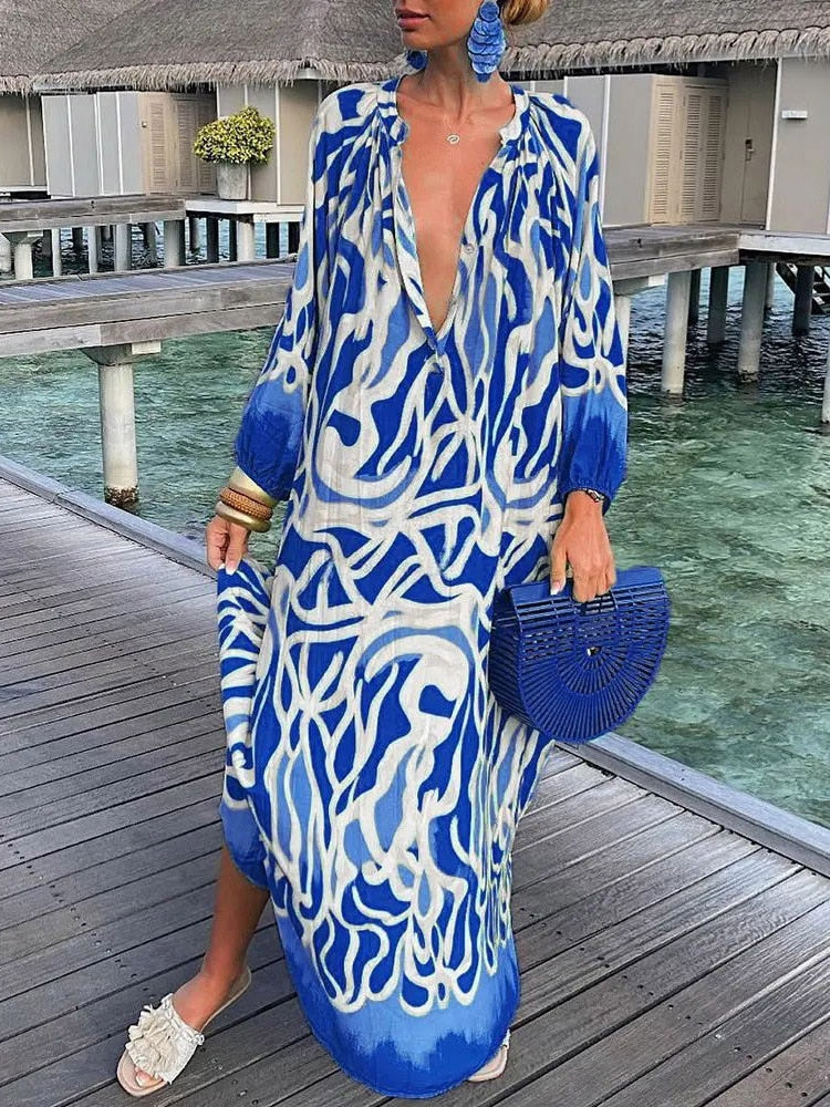 Summer Deep V-Neck Long Sleeve Long Dresses