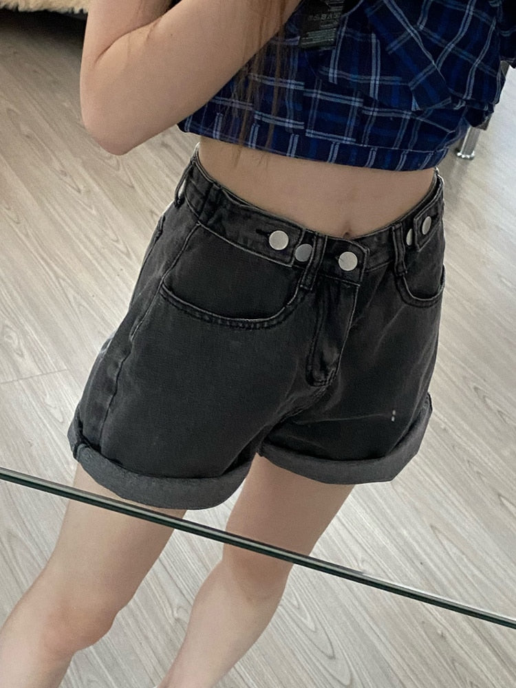 Women High Waist Button Wigh Leg Jeans Shorts