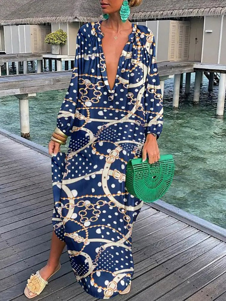 Summer Deep V-Neck Long Sleeve Long Dresses