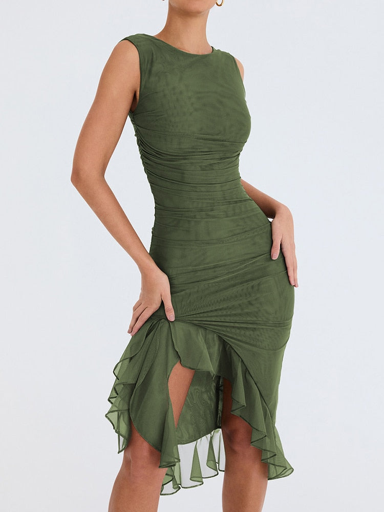 New Elegant Ruffle Ruched Midi Dress