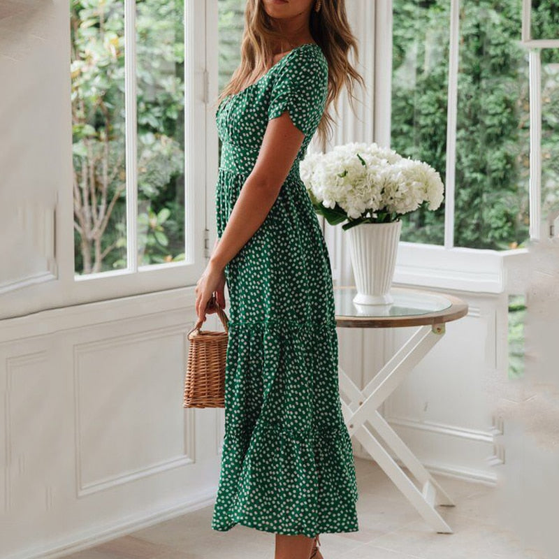 Summer Casual Square collar floral maxi long dress