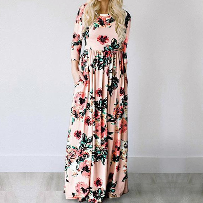 Women 2022 Pink Floral Print Boho Beach Dress