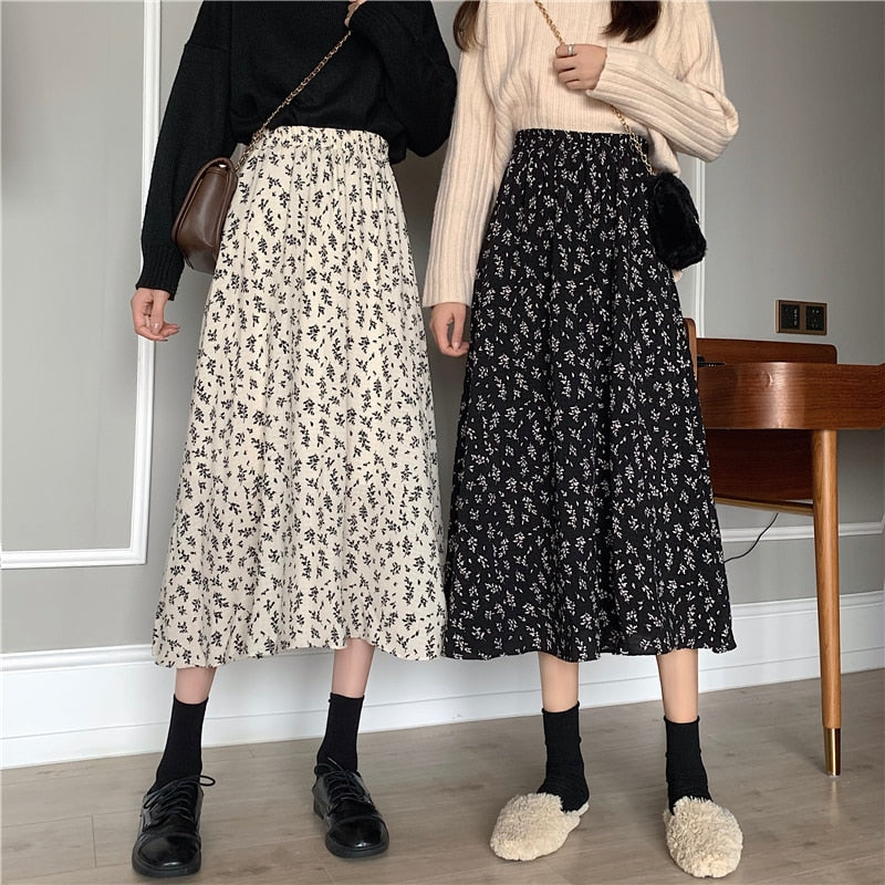 Vintage Floral Print A-line Pleated Long Skirts