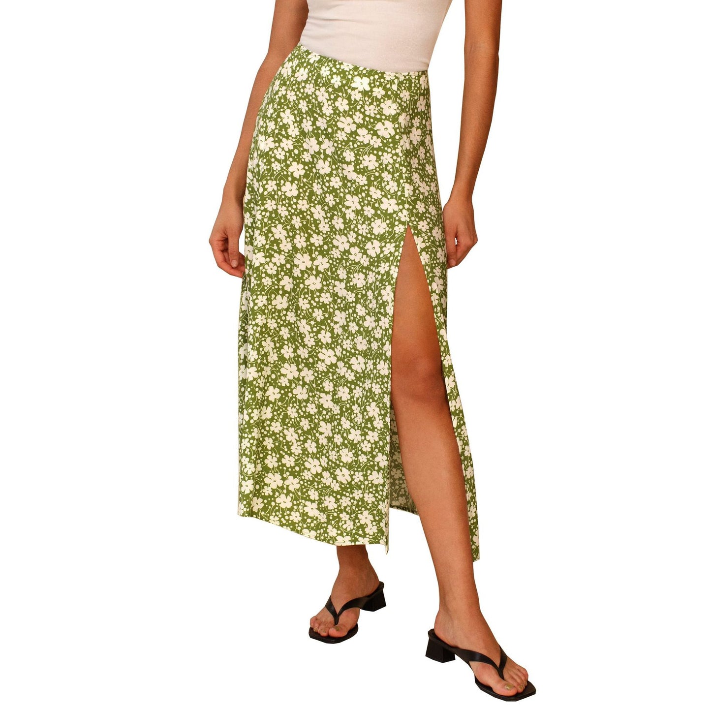 High waist stretch split long A-line skirts